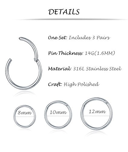 6-8Pcs 20G-18G-16G-14G Stainles Steel Clicker Ring Seamless Lip Nose Daith Cartilage Helix Tragus Hoop Ring - style: E:3 Pairs,14G(1.6mm) Pin Thickness