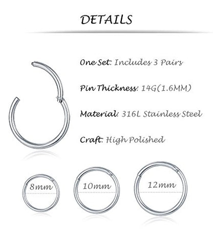 6-8Pcs 20G-18G-16G-14G Stainles Steel Clicker Ring Seamless Lip Nose Daith Cartilage Helix Tragus Hoop Ring - style: E:3 Pairs,14G(1.6mm) Pin Thickness