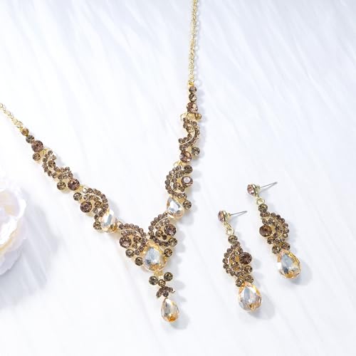 EVER FAITH Rhinestone Crystal Bridal Floral Wave Teardrop Necklace Earrings Set - color: 2pcs_Champagne