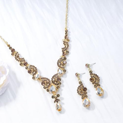EVER FAITH Rhinestone Crystal Bridal Floral Wave Teardrop Necklace Earrings Set - color: 2pcs_Champagne