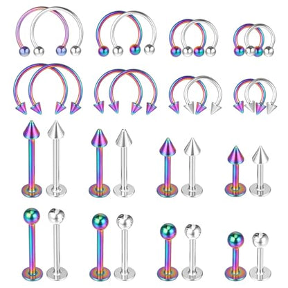 32Pcs Lip Rings for Women 16G Stainless Steel Horseshoe Labret Studs Monroe Lip Barbell Ring Snake Bite Piercing Jewelry Helix Earring Daith Tragus Cartilage Surgical Steel Jewelry - color: Iridescent + Silver