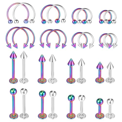 32Pcs Lip Rings for Women 16G Stainless Steel Horseshoe Labret Studs Monroe Lip Barbell Ring Snake Bite Piercing Jewelry Helix Earring Daith Tragus Cartilage Surgical Steel Jewelry - color: Iridescent + Silver