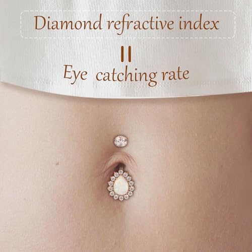 AROWRO Gold Belly Button Ring G23 Titanium Hypoallergenic 14G belly ring for Women Men Teardrop Navel Piercing Jewelry 10mm Barbell With Cubic Zircon - color: Gold+White Opal