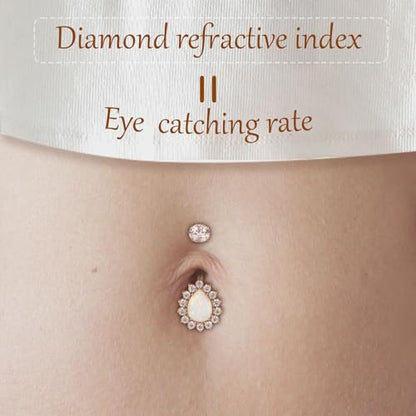AROWRO Gold Belly Button Ring G23 Titanium Hypoallergenic 14G belly ring for Women Men Teardrop Navel Piercing Jewelry 10mm Barbell With Cubic Zircon - color: Gold+White Opal