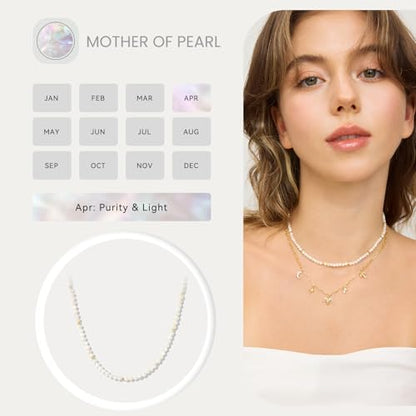 ARSIS Genuine Beaded Gemstone Necklace for Women, Colorful Natural Stone Handmade Bead Choker, Personalized Birthstone Necklace, Boho Summer Beach Necklace Layering Stackable Jewelry Gift - color: Mother of Pearl (April)