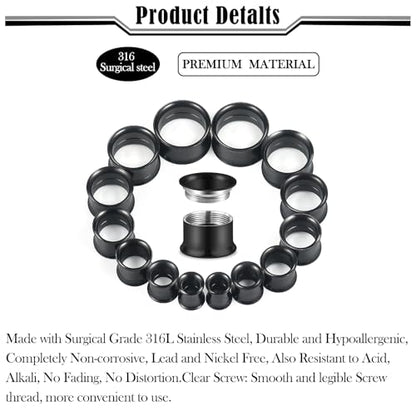 12G-25mm Double Flare Thin Gauges Tunnels Plugs Stretching Kit 316L Surgical Stainless Steel Hollow Gauge Tunnel Plug for Ear 12G 10G 8G 6G 4G 2G 0G 00G 12mm 14mm 16mm 18mm 20mm 22mm 25mm - color: Black Tone, size: 0G(8.0mm)-22mm