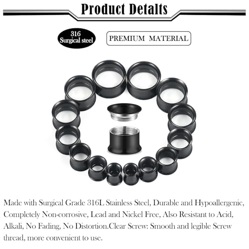 12G-25mm Double Flare Thin Gauges Tunnels Plugs Stretching Kit 316L Surgical Stainless Steel Hollow Gauge Tunnel Plug for Ear 12G 10G 8G 6G 4G 2G 0G 00G 12mm 14mm 16mm 18mm 20mm 22mm 25mm - color: Black Tone, size: 6G(4.0mm)-18mm