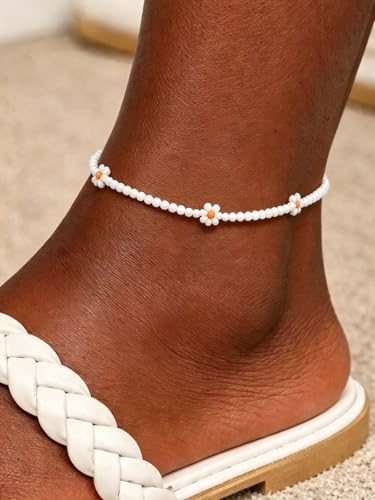 Beaded Chain Ankle Bracelets for Women Waterproof Sunflower Anklets Beachy Vacation Foot Jewelry Gifts - color: White