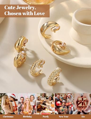 BESTEEL 3Pairs Clip on Earrings for Women Trendy Chunky Hoops Fake Earrings | Hypoallergenic 14K Gold Plated Lightweight Tube Croissant Waterdrop Clip-on Earrings Set Non Pierced Earrings Jewelry Gift - color: Gold-Trendy