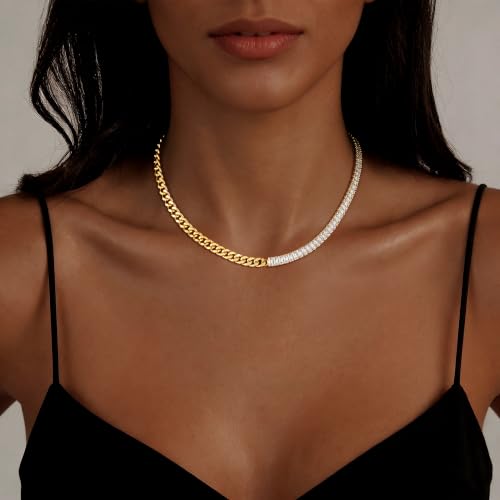 IMBOS 14K Gold Plated Chunky Chain Choker Necklaces for Women Chunky Gold Necklace Tennis Necklace for Women CZ Love Chain Cuban Link Choker Jewelry Gifts - color: Gold-Baguette Cuban