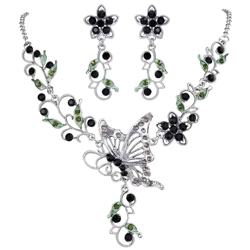 EleQueen Women's Crystal Butterfly Flower Leaf Necklace Earrings Set | Crystal Jewelry Set for Brides Bridesmaids, Necklace Set for Party - color: Black