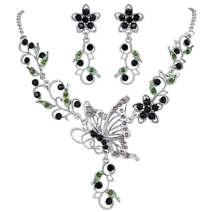 EleQueen Women's Crystal Butterfly Flower Leaf Necklace Earrings Set | Crystal Jewelry Set for Brides Bridesmaids, Necklace Set for Party - color: Black