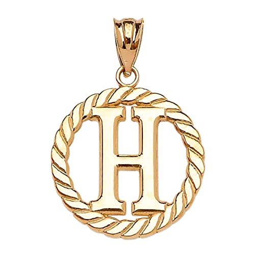 Polished 10k Yellow Gold Personalized Initial "A-Z" Roped Circle Charm Pendant - style: H