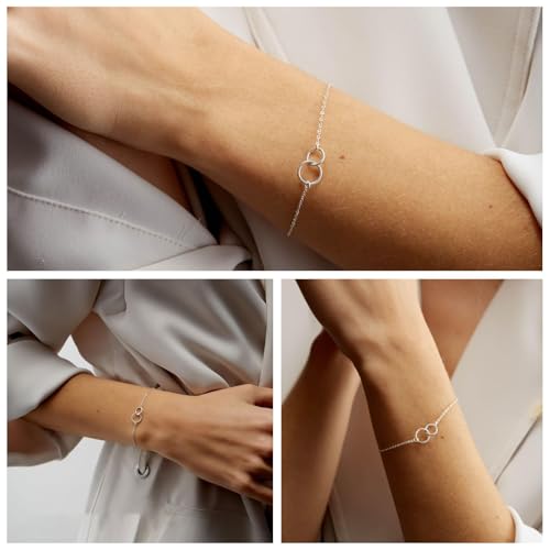 Solid 925 Sterling Silver Bracelets for Women, Dainty Interlocking Circles Cubic Zirconia Adjustable Chain Bracelet, Trendy Stackable Link Bracelets, Simple Cute Jewelry Gifts - color: Silver Interlocking Circles