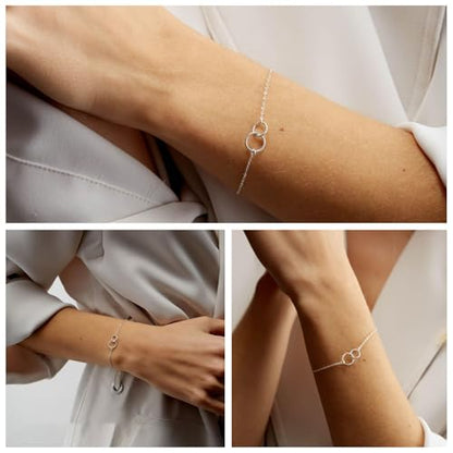 Solid 925 Sterling Silver Bracelets for Women, Dainty Interlocking Circles Cubic Zirconia Adjustable Chain Bracelet, Trendy Stackable Link Bracelets, Simple Cute Jewelry Gifts - color: Silver Interlocking Circles