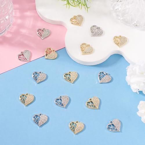 Elecrelive Crystal Heart Charms Rhinestone Heart Pendants Valentine Charms for Necklace Bracelet Earring Wedding Jewelry - color: Platinum & Golden