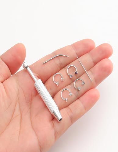 Horseshoe Nose Ring for Women Surgical Steel 18G Double Gem Nose Ring Hoop Cartilage Helix Daith Tragus Half Hoop Earrings Septum Labret Lip Eyebrow Piercing Jewelry Silver Plated - color: B: Silver 6Pcs(purple)
