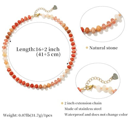 Joya Love Colorful Gemstone Beaded Necklaces For Women Trendy Rainbow Natural Stone Boho Handmade Stainless Steel Waterproof Strand Necklaces Jewelry For Women Gift - color: Red Pink