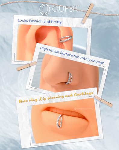 OUFER Nose Rings Silver, 20G Double Hoop 8MM Nose Rings, Seamless Stainless Steel Rook Daith Piercing Jewelry for Women & Men - style: Style4-Sliver Ripple
