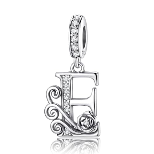 LNQOBU Complete A~Z Alphabet Charm Letter Beads, Solid 925 Sterling Silver with Cubic Stones Rose Alphabet Charm fits Pandora Bracelets Necklace Women Jewelry - color: CYT-E