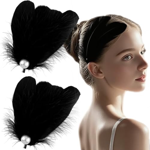 2Pcs Black Feather Hair Clips - Ballet Style Artificial Swan & Ostrich Feather with Faux Pearl - Wedding Engagement Birthday Party Stage Accessories for Women - color: black