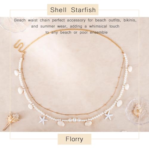 Florry Pearl Waist Chain Seashell Starfish Belly Chain Layered Waist Body Chains Summer Beach Party Club Body Accessories Jewelry for Women - color: Starfish Shells