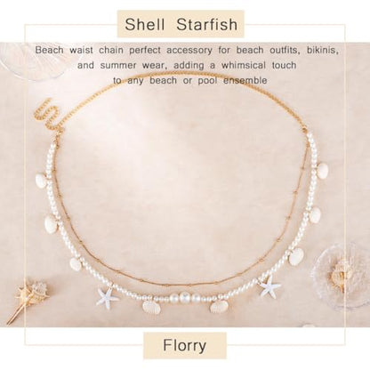 Florry Pearl Waist Chain Seashell Starfish Belly Chain Layered Waist Body Chains Summer Beach Party Club Body Accessories Jewelry for Women - color: Starfish Shells