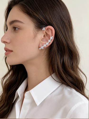 2Pcs Rhinestone Butterfly Earrings Ear Cuffs Non-Pierced Fake Earrings Butterfly Climber Wrap Around Earring Dainty Adjustable Ear Clip Jewelry for Women - color: Style9-silver