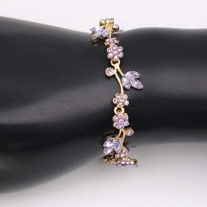 Brides Bridesmaid Flower Leaf Choker Necklace Dangle Earrings Link Bracelet Austrian Crystal Wedding Jewelry Set for Prom Costume Party Accessories for Woman - color: Violet-Gold Plated