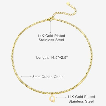 Gold Initial Necklace for Women, 3mm Cuban Link Letter Necklace, 14.5"+2.5" Adjustable Choker, Gold Plated A-Z Alphabet Pendant Necklace, Personalized Jewelry Gift for Her - style: Q