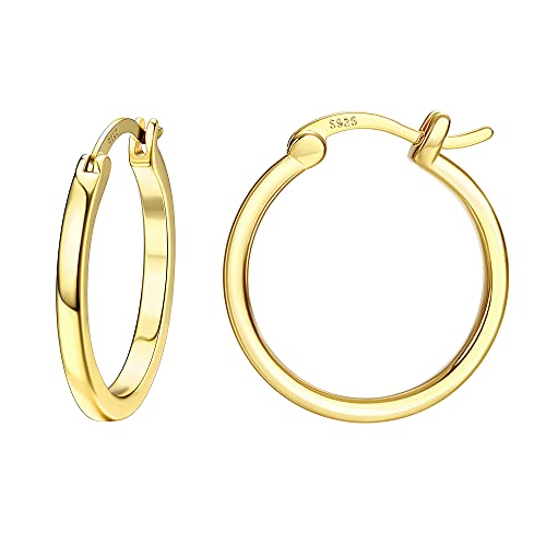 18K Gold Plated Hoop Earrings - 925 Sterling Silver Hoop Earrings Womens Hypoallergenic Hoops | Square Tube Hoop Earrings for Women 15mm/20mm/30mm/40mm - color: Gold 20mm