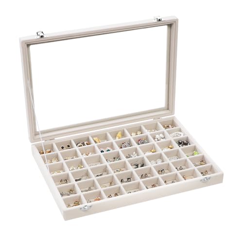 Stratalife Jewelry Organizer, Velvet Earring Storage Box, 13.78"x9.4" | 48 Grid Stackable Jewelry Tray with Clear Lid, Velvet Jewelry Box for Drawer, Necklace Trinket Display Organizer, Beige - color: Beige, size: 48 Grid