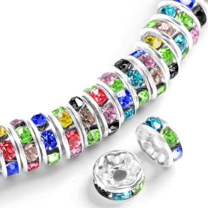 200PCS Rondelle Spacer Beads 8mm Silver Plated Czech Mix Crystal Rhinestone for Jewelry Making - color: 200Pcs Silver Plated/Mix, size: 8mm