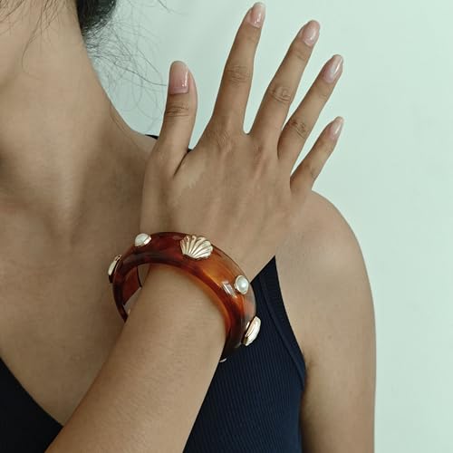 2PCS Chunky Acrylic Bracelet for Women Large Square Resin Cuff Vintage Open Bangle Bracelets Wide Geometric Jewelry - style: M-Shell - Amber