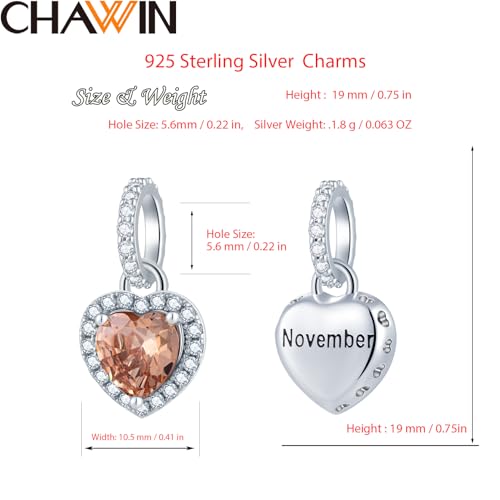 CHAWIN Birthstone Charms, 925 Sterling Silver Heart Dangle Charm, Sparkling CZ Compatible with Pandora Charm Bracelet, Necklace, Birthday Gifts for Women/Wife/Mother - style: 11# November