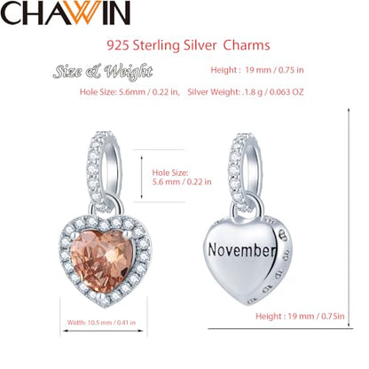 CHAWIN Birthstone Charms, 925 Sterling Silver Heart Dangle Charm, Sparkling CZ Compatible with Pandora Charm Bracelet, Necklace, Birthday Gifts for Women/Wife/Mother - style: 11# November