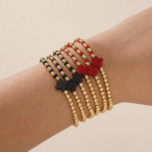 Gold Beaded Bracelets for Women Stackable Boho Gold Plated Colorful Seed Beads Ball Cross Bracelets Stack Elastic Stretch Trendy Jewelry Accessories Non Tarnish Friendship Christian Gift - color: Red Black
