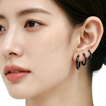 3 Pairs 316L Stainless Steel Small Black Silver Hoop Earrings 8mm 10mm 12mm Hypoallergenic Surgical Earring Cartilage Helix Lobes Hinged Sleeper Ear Jewelry For Men Women - color: black