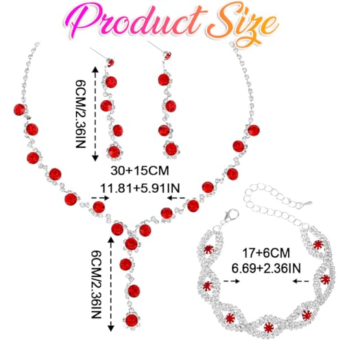 Silver Wedding Jewelry Sets Rhinestone Necklace Earrings Bracelet Set Prom Formal Costume Jewelry for Women and Brides - color: Red
