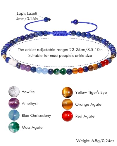 Colorful 7 Chakra Gemstones Beaded Anklet for Women Foot Jewelry | Adjustable 8.5-10 in, Ankle Bracelets for Women, Handmade, Positive Energy, Balance, Yoga, Meditation, Beach, Party, Vacation - style: Lapis Lazuli