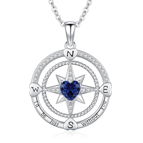 Compass Birthstone Necklace for Women S925 Sterling Silver with Cubic Zirconia - Birthday Jewelry gift for her, Girlfriend, Wife, Mom on Birthday, Anniversary - color: 09 - Sapphire