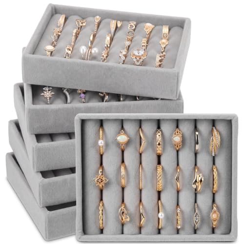 6 Pcs Small Jewelry Tray-ring Organizer Velvet Rings Earring Display Tray Mini Storage Insert Holder 7 Slots for Drawer (Grey) - color: Grey