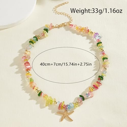 Gold Starfish Necklace Natural Stone Beaded Necklaces for Women Boho Handmade Irregular Stone Bead Necklace Summer Beach Ocean Jewelry Gift - color: Colorful