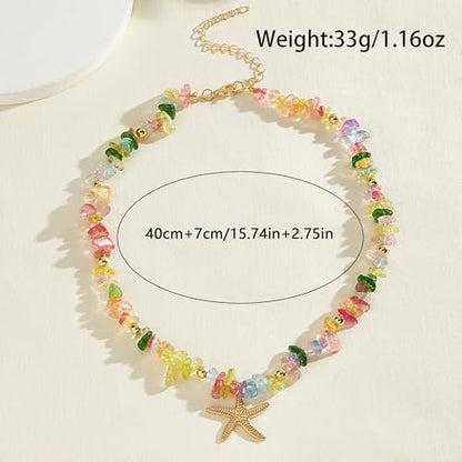 Gold Starfish Necklace Natural Stone Beaded Necklaces for Women Boho Handmade Irregular Stone Bead Necklace Summer Beach Ocean Jewelry Gift - color: Colorful