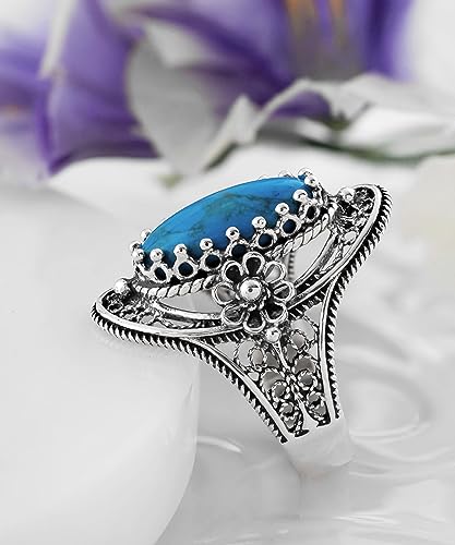 Filigranist 925 Sterling Silver Handcrafted Filigree Art Flower Pattern Woman Oval Statement Ring, Gift Boxed - color: Turquoise