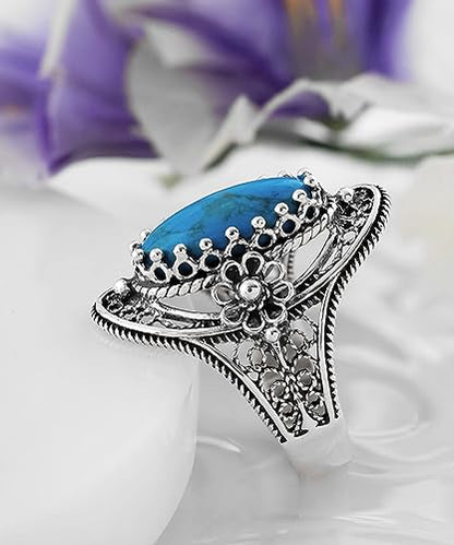 Filigranist 925 Sterling Silver Handcrafted Filigree Art Flower Pattern Woman Oval Statement Ring, Gift Boxed - color: Turquoise