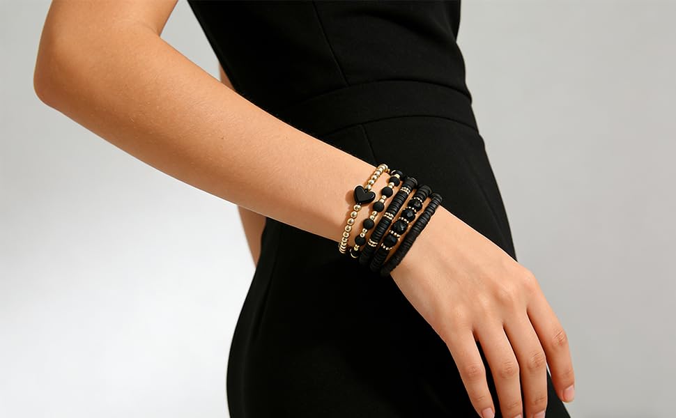 Alegend 14K Gold Plated Stackable Multilayer Bracelets + Titanium Steel(Not Rust, Resist Corruption, Easily Clean) 18K Gold Plated Single Bracelets - color: 14K Gold Plated Black Beaded