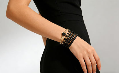 Alegend 14K Gold Plated Stackable Multilayer Bracelets + Titanium Steel(Not Rust, Resist Corruption, Easily Clean) 18K Gold Plated Single Bracelets - color: 14K Gold Plated Black Beaded
