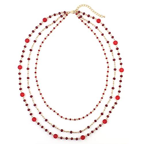 Firstmeet Long Chain Multi Layer Fashion Glass Beads Handmade Necklace for Women - color: TMRed-j