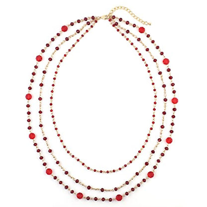 Firstmeet Long Chain Multi Layer Fashion Glass Beads Handmade Necklace for Women - color: TMRed-j